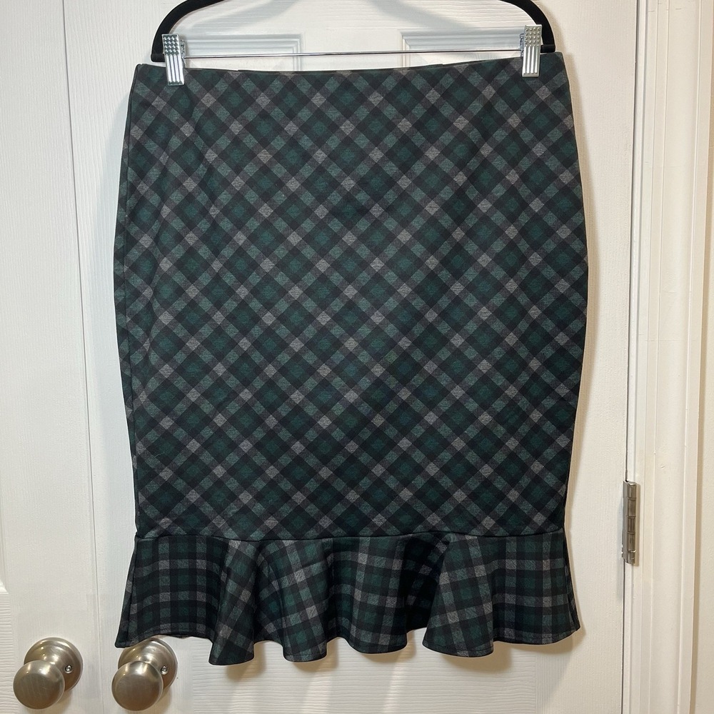 Carole Wren Skirt Womens Large Green Gray plaid trumpet midi office career